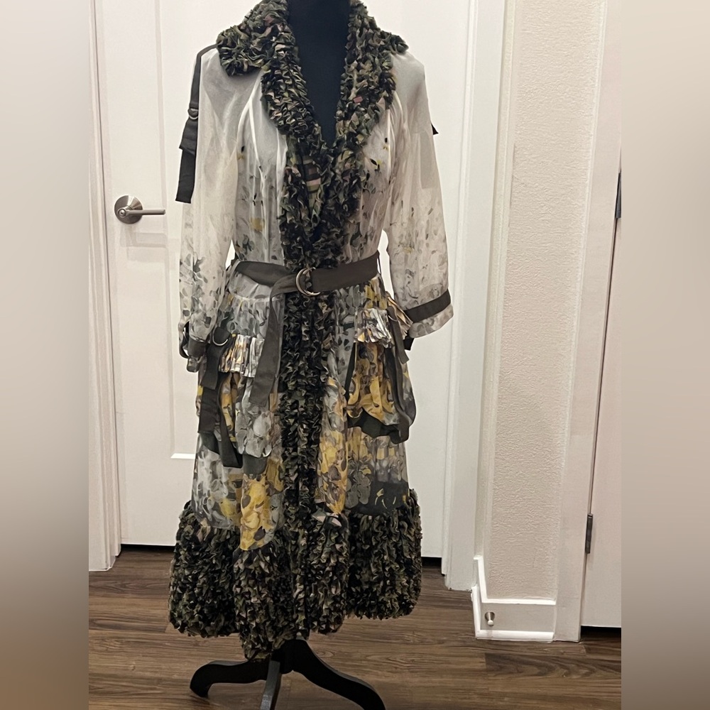 Byron Lars White, Olive & Yellow Floral Layered Dress with Ruffle Trim